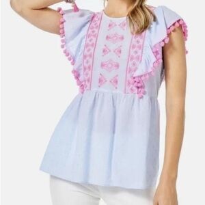 Lilly Pulitzer Bluebell Blue Top with Pink Embroidery